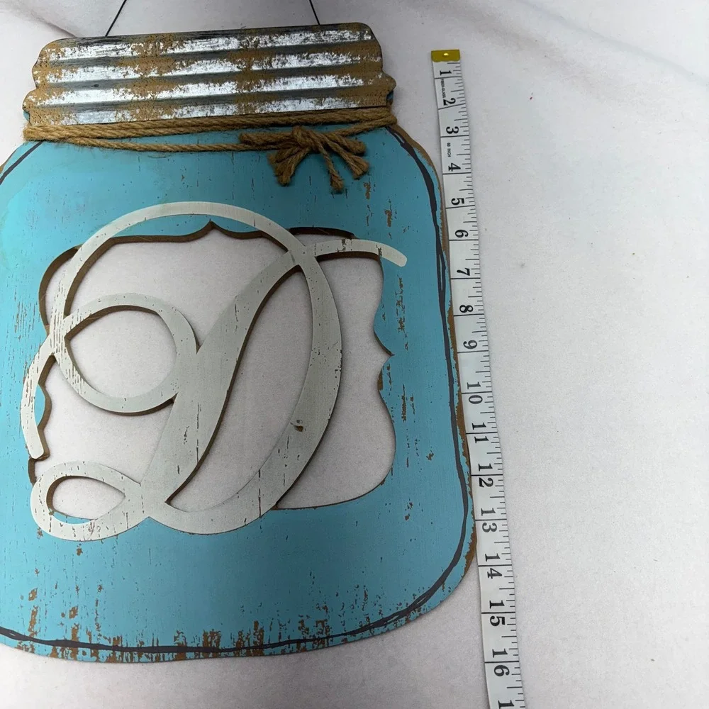 Rustic Farmhouse Mason Jar Wall Decor‎ Distressed Aqua Letter D Monogram Hanging